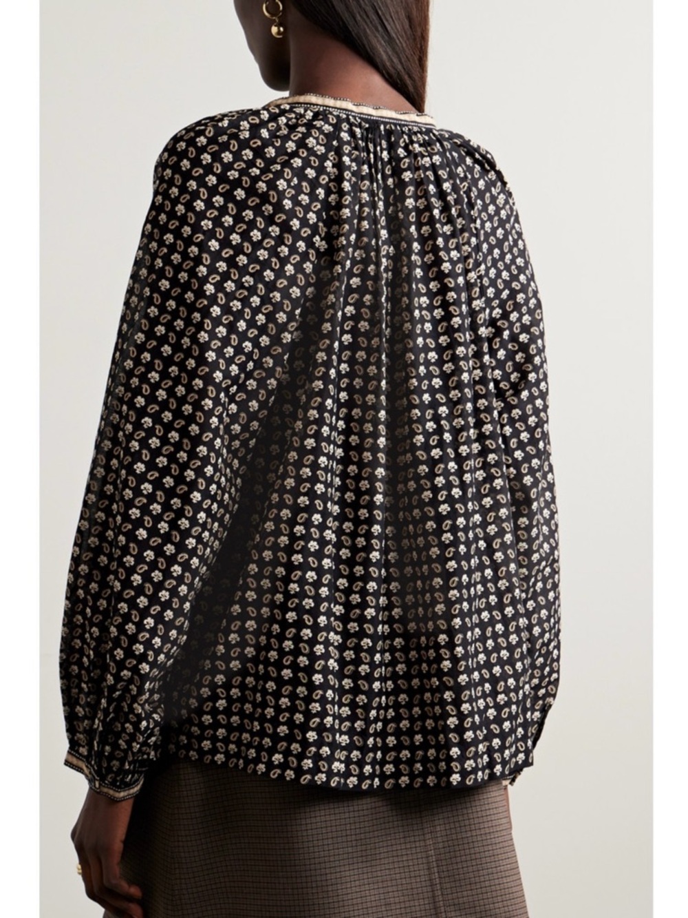 Doen Black with Cream Accents Tie-Neck Peasant Blouse - Picture 5 of 14